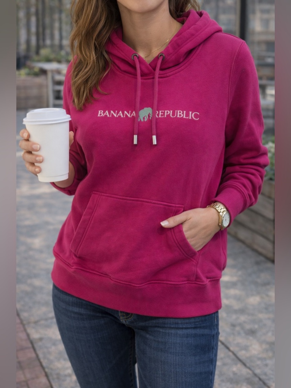 479 Banana Republic Fuchsia Logo Hoodie Pullover Sweatshirt Women’s Small Cozy
